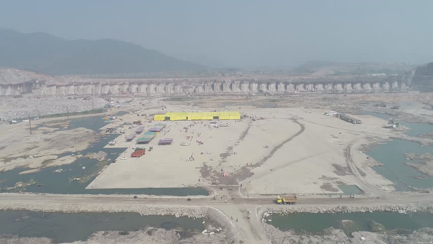 Polavaram, Andhra Pradesh, India. National project Polavaram Dam under construction on Godhavari river, India. (aerial view)
