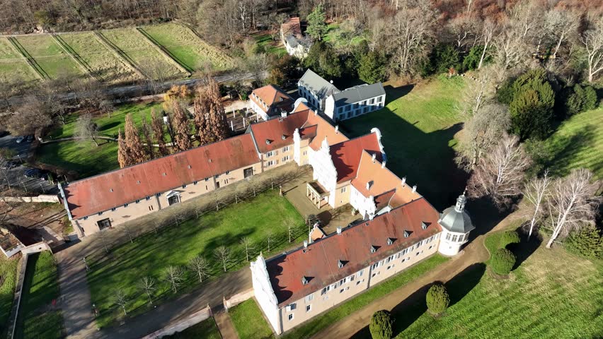 Aerial view, historic hunting lodge Kranichstein, Darmstadt, Hesse, Germany,