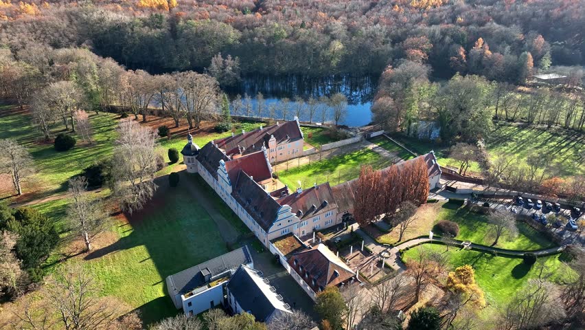 Aerial view, historic hunting lodge Kranichstein, Darmstadt, Hesse, Germany,