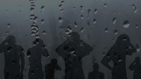 Animation of dripping water and lightnings over people silhouettes holding heads. Health and depression concept digitally generated video.