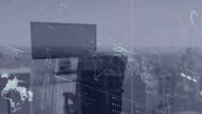 Animation of interface with data processing over world map against aerial view of cityscape. Global networking and business interface technology concept - Powered by Shutterstock - Get 15% off with code: PIKWIZARD15