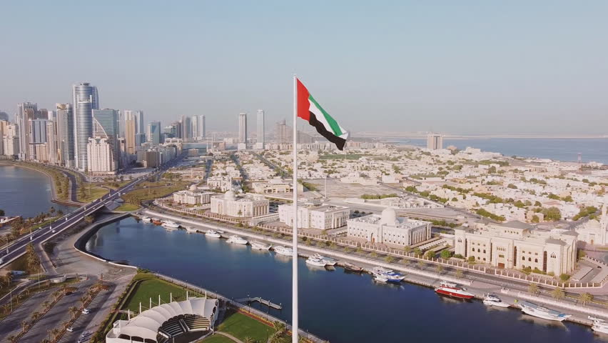 Aerial view of the city of Sharjah - a city in the United Arab Emirates located in the Persian Gulf. Royalty-Free Stock Footage #1100406381