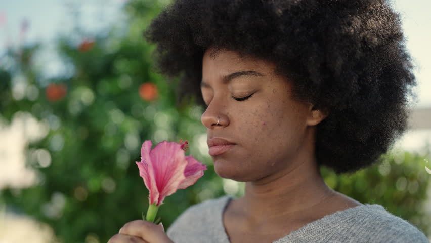 African american woman smiling confident smelling flower at park | Shutterstock HD Video #1100409221