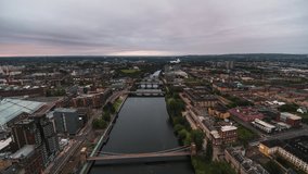 Establishing Aerial View Shot of Glasgow UK, Lanarkshire, Renfrewshire, Scotland United Kingdom, light overcast, wide view