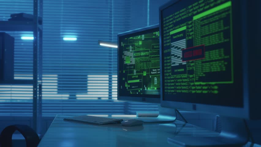Computer screen with green line of program code and warning access denied and access granted. In the background, a man in a black hoodie shines a flashlight. Hacker penetration into office. - Powered by Shutterstock - Get 15% off with code: PIKWIZARD15