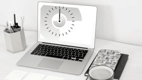 Animation of clock moving fast on laptop screen on desk. Global business, finances, computing and data processing concept digitally generated video.