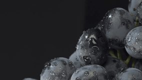 VERTICAL VIDEO, Close-up of dark grapes with drops of water on black background. Sideways movement to the left side