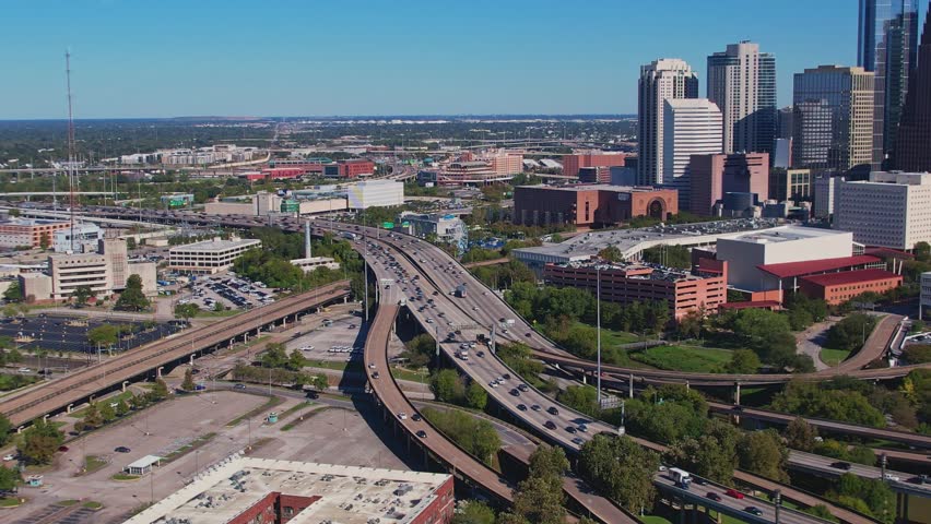 Aerial - Gulf Freeway I-45 traffic in Downtown Houston