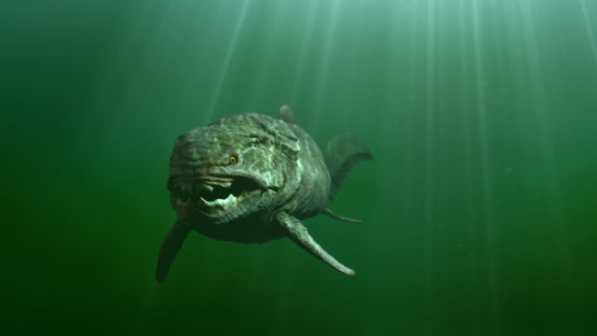 3D render animation of prehistorian dinosaur fish underwater, swimming along together with smaller fish. Royalty-Free Stock Footage #1100416171