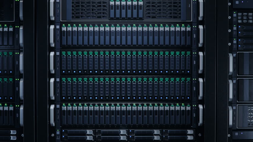 Front VIew of Server Rack with Blinking Lights in Modern Datacenter. Advanced Cloud Computing and Machine Learning Concept. Royalty-Free Stock Footage #1100420151