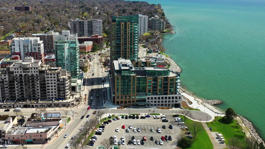 Aerial view of Burlington, Ontario, Canada on a beautiful morning 4K