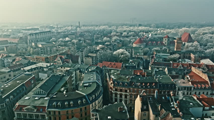 Drone shot of Halle(Saale) city on a snowy day , Saxony-Anhalt , Germany