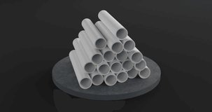 Plastic or polypropylene or polyethylene pipes on a rotating podium on a black background, stack of round white profiles, technological industrial background, looped video, 3D rendering