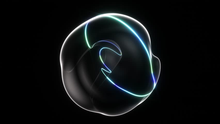 3d video animation of surreal mystic alien ball or sphere sculpture in curve wavy organic lines forms in deformation process in translucent matte plastic material with green neon laser round stripe Royalty-Free Stock Footage #1100424203