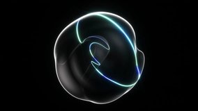 3d video animation of surreal mystic alien ball or sphere sculpture in curve wavy organic lines forms in deformation process in translucent matte plastic material with green neon laser round stripe