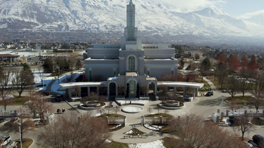 Beautiful Mormon Temple in American Fork, Utah on Sunny Winter Day - Aerial