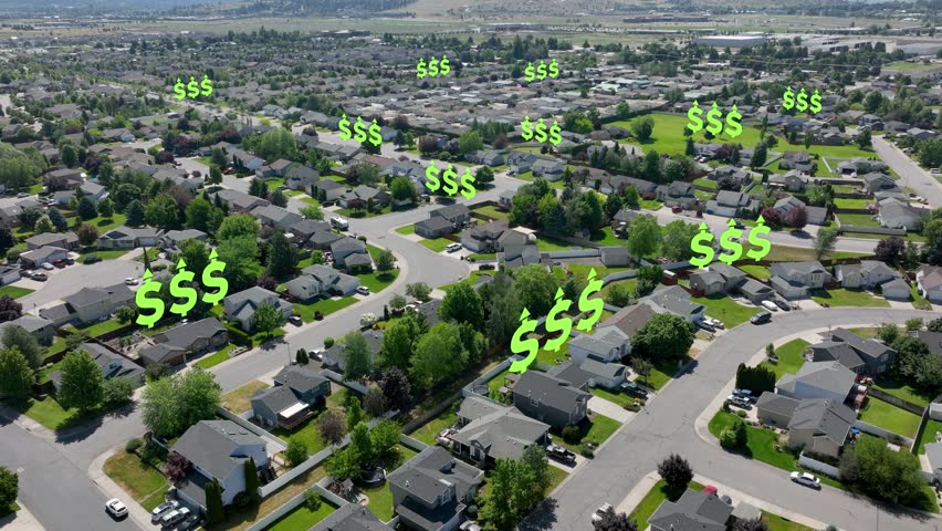 Aerial view of rising house prices in a suburban neighborhood. Royalty-Free Stock Footage #1100429437