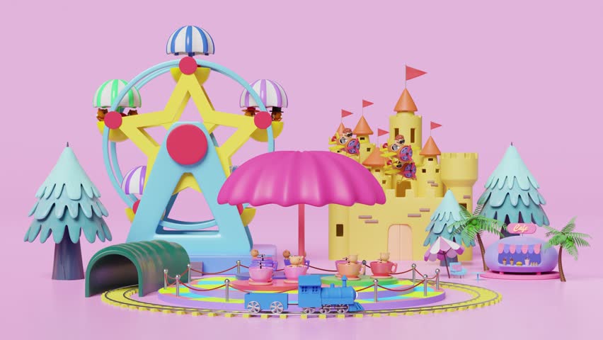 3d amusement park concept with tea cup ride, pilot, propeller plane, railroad tracks, tunnel, ferris wheel, ice cream showcases, landscape, castle, towers isolated on pink background. alpha channel  Royalty-Free Stock Footage #1100432449