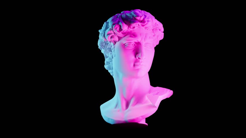 the head of an ancient sculpture of David rotating around its axis, a modern double blue-red lighting, contemporary art element,black background,3d rendering Royalty-Free Stock Footage #1100433903