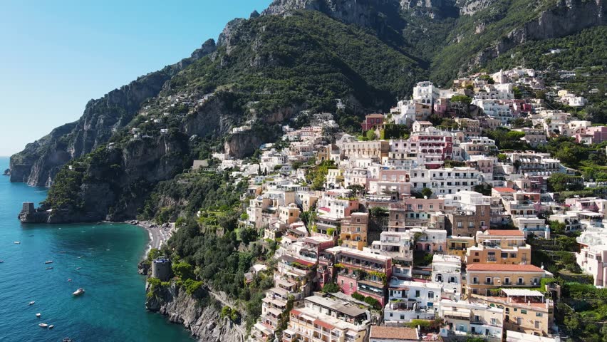 Positano Amalfi coast italy europe city village seacoast summer sunny mountains mediterranean vibes Italian landscape amazing drone aerial top view videography luxury place coastline | Shutterstock HD Video #1100433949