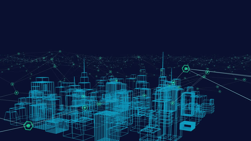 Animation of blue 3d model of cityscape over dots connected with lines on blue background. Digitally generated, hologram, communication, architecture, buildings and technology concept. | Shutterstock HD Video #1100434727