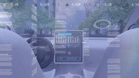 Animation of screens with data processing over cockpit view of self driving car driving in city. Computer interface and futuristic business technology concept - Powered by Shutterstock - Get 15% off with code: PIKWIZARD15