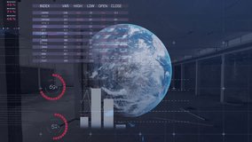 Animation of financial data processing and globe over empty room. Global business, finances and digital interface concept digitally generated video. - Powered by Shutterstock - Get 15% off with code: PIKWIZARD15