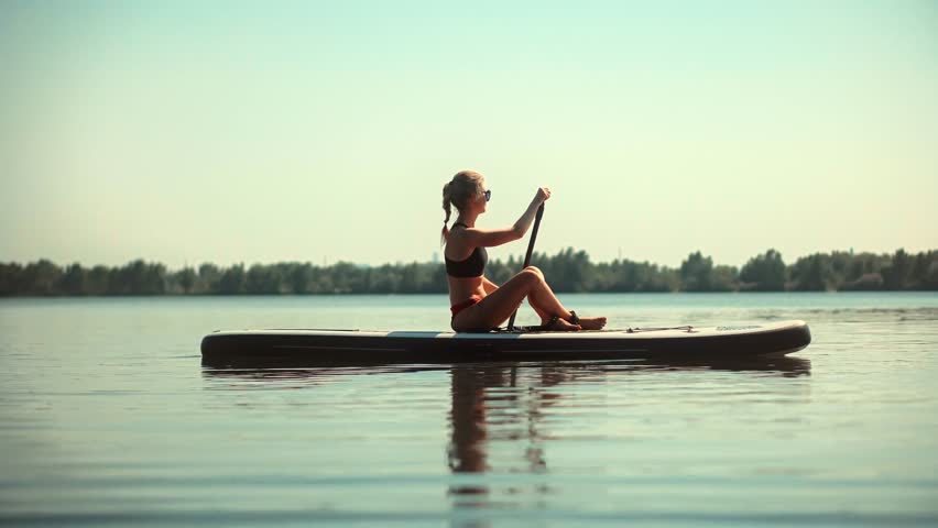 Stand Up Paddle Recreation Fitness. Paddleboarder Sport Vacation. Sup Board Journey Sup Surf Swimming. Sport Paddles Rowing Paddleboard.Watersport Floating Paddleboarder Sup Surfboard Sport Recreation Royalty-Free Stock Footage #1100435277