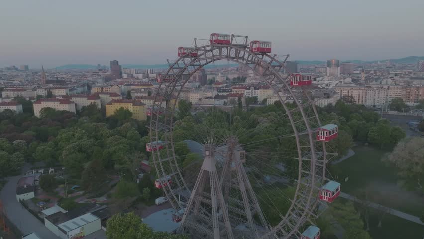 Closeup aerial shot of the Prater ferris wheel in Vienna.