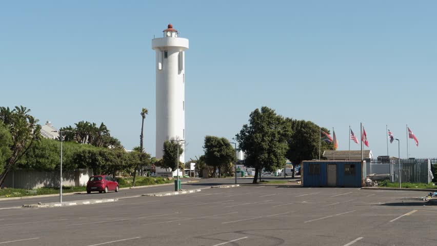 Tubular white Milnerton Lighthouse in Table Bay in Cape town, RSA