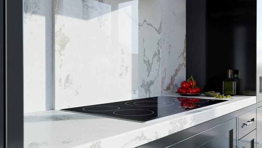 Modern Kitchen Interior Design in a Luxury House, Dark Gray Kitchen Cabinets with Shaker Door Style, Quartz Countertops and Backsplash Slab.  Royalty-Free Stock Footage #1100437725