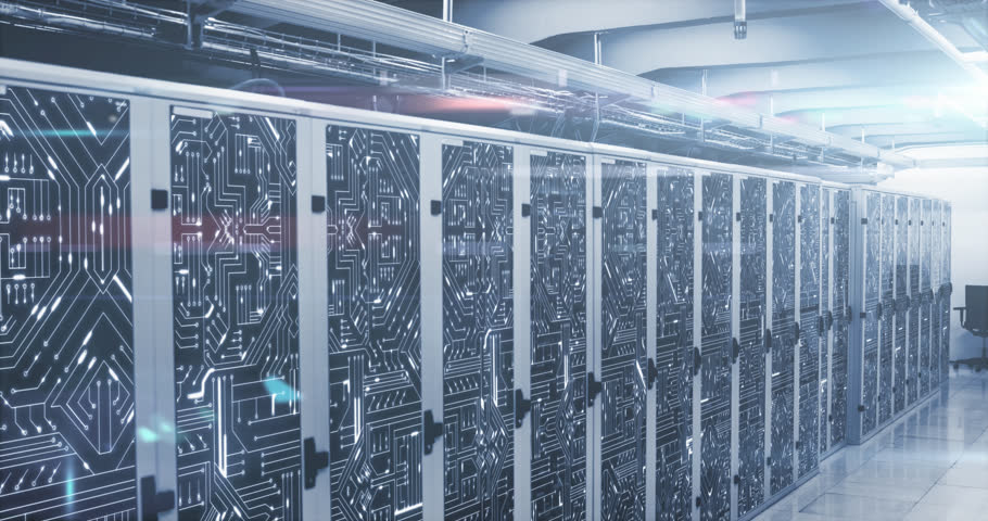 Animation of data processing against microprocessor connections over computer server room. Computer interface and business data storage technology concept | Shutterstock HD Video #1100438973