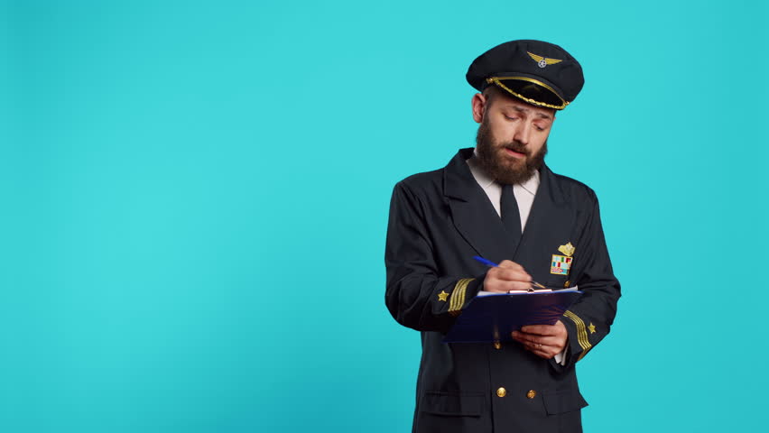 Confident aircrew captain checking list on papers, taking notes with pen and writing flying information. Man working as airplane pilot using clipboard files, wearing aviation uniform and hat.