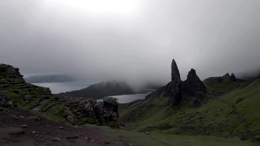 Aerial 4k drone footage of the Old Man of Storr, Isle of Skye, Scotland in Summer. 