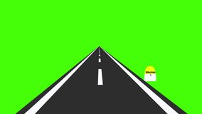 Moving road landscape with milestone animation . Highway road with green background. 4K video