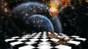 Space leap. Surreal scene. Doll on chessboard in space. Animated 4K video