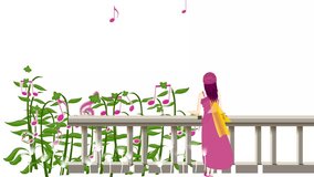 Rearview of cartoon girl, sound icons, music video, plants, flowers Background and 2d animation