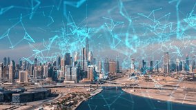 AERIAL. Dubai city in future. Real Estate Project Construction Site Industrial Building Development by Using 3D VFX Graphics. Futuristic Concept of Buildings Development - Powered by Shutterstock - Get 15% off with code: PIKWIZARD15