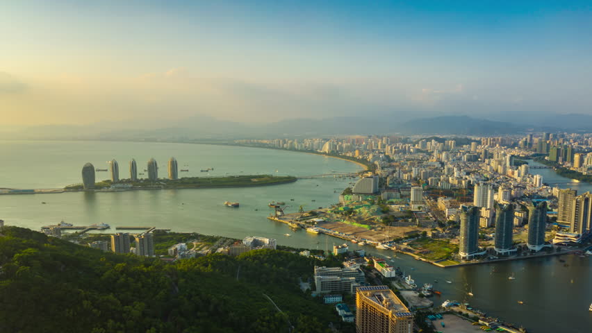 sunset sky sanya cityscape famous island aerial panorama timelapse 4k china
