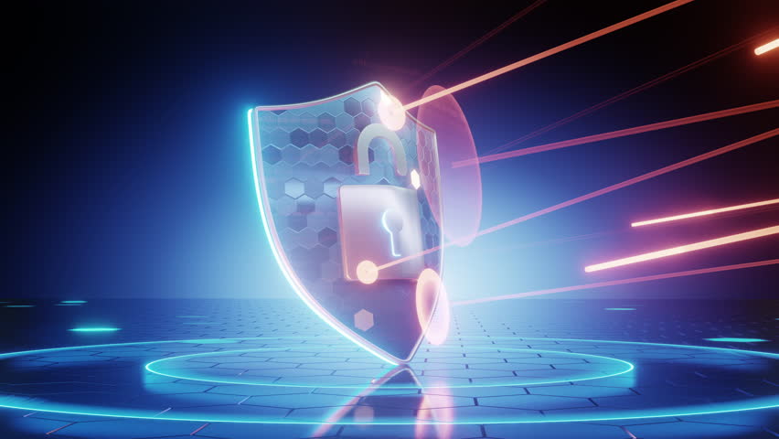 Cyber security and information or network protection,The orange light quickly attacked the orange shield. Royalty-Free Stock Footage #1100455221