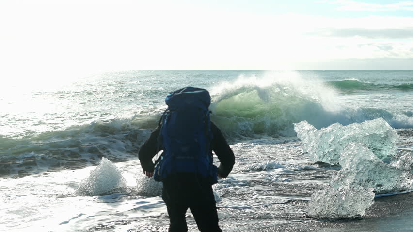 Ice, man, water, sea, sky, clouds, slow-motion, Iceland