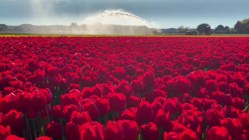 Field of colorful tulips on sunny day Keukenhof flower garden Lisse Netherlands. Happy kings day. High quality 4k footage