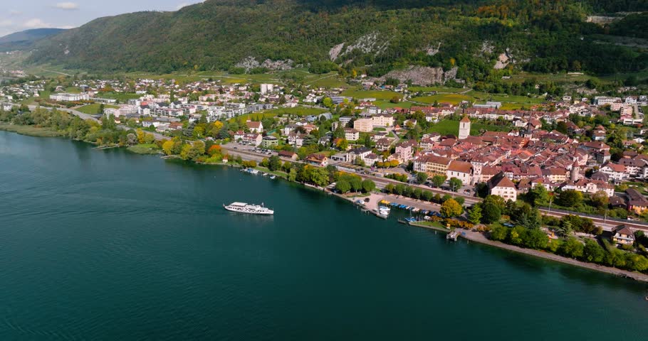 Aerial view of the town of La Neuveville on the shores of Lake Biel, Switzerland | Shutterstock HD Video #1100463701