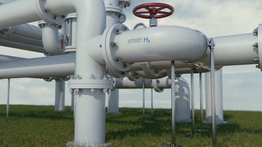 Hydrogen pipeline concept. Carbon neutral energy source using existing gas infrastructure. 4K CGI animation. Royalty-Free Stock Footage #1100464527