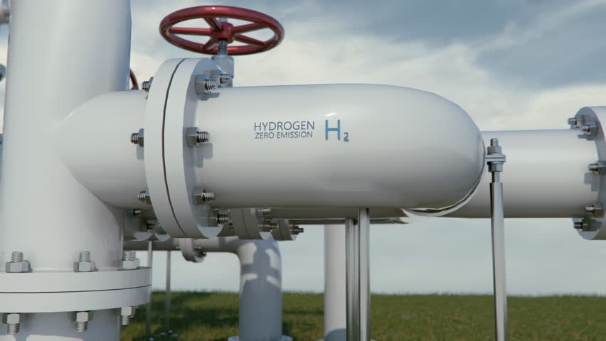 Hydrogen pipeline concept. Carbon neutral energy source using existing gas infrastructure. 4K CGI animation. Royalty-Free Stock Footage #1100464527