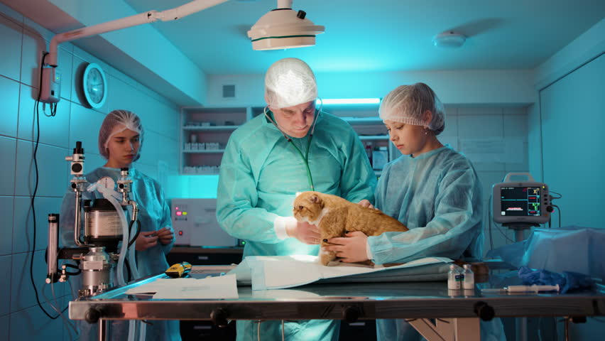 Doctor and nurses perform a check up on the cat before doing the operation on it. The orange can sits still while doctor examines it. High quality 4k footage Royalty-Free Stock Footage #1100469627