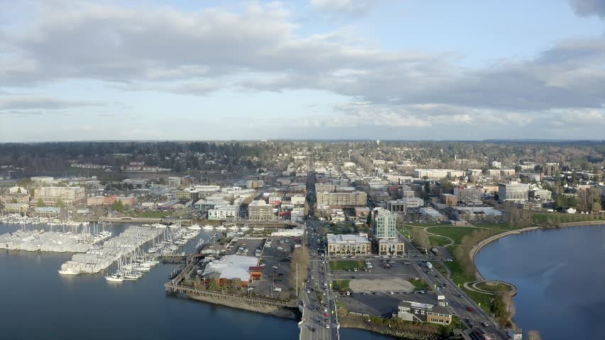 Drone of PNW capital city downtown with marina. PNW waterways. Olympia Washington Puget Sound