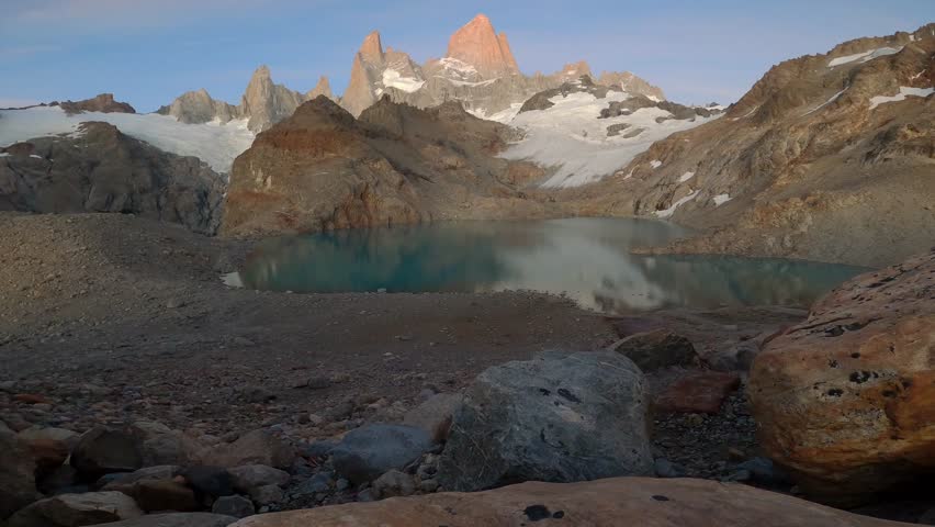 Mount Fitz Roy Timelapse in Patagonia, Viedma Melt Lake, Snowy Peaks and Granite Rock Formations, Patagonian Landscape in Argentina and Chile