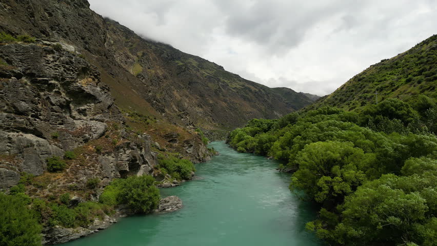 Scenic gorge on Clutha River in Central Otago, New Zealand, aerial