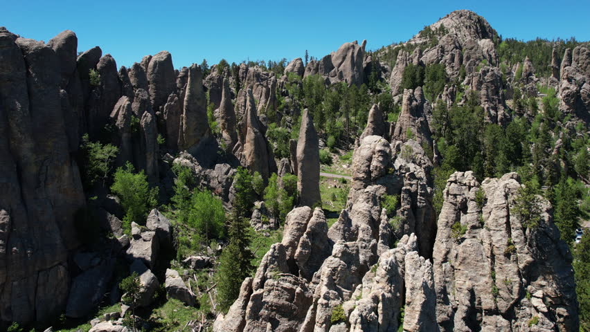 Aerial View of The Needles, Black Hills, Custer State Park, South Dakota USA, Drone Shot